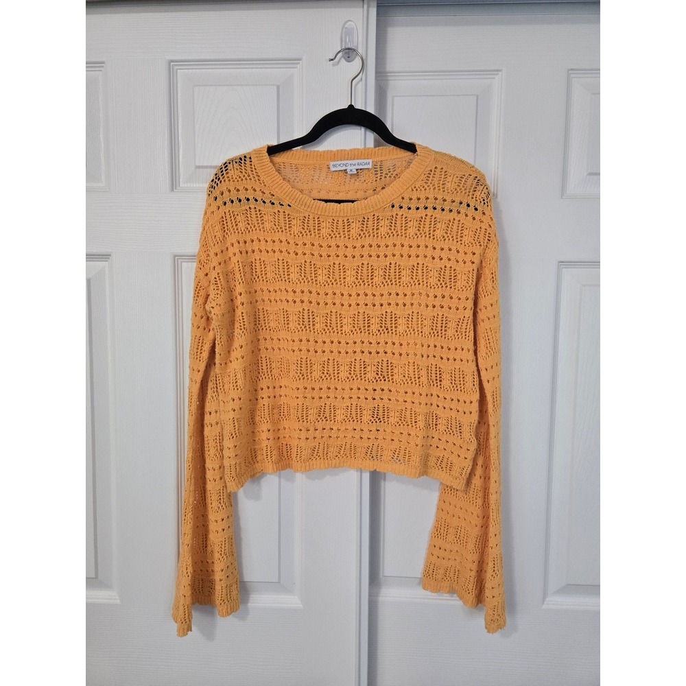 Beyond the Radar Womens Orange Open Knit Crochet Bell Sleeve Cropped Sweater M